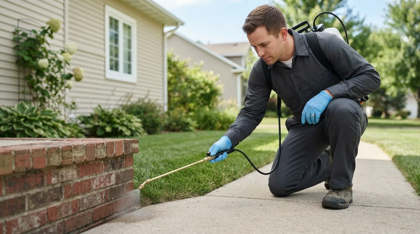 Pest control technician treating a home near Crocketts Bluff, AR